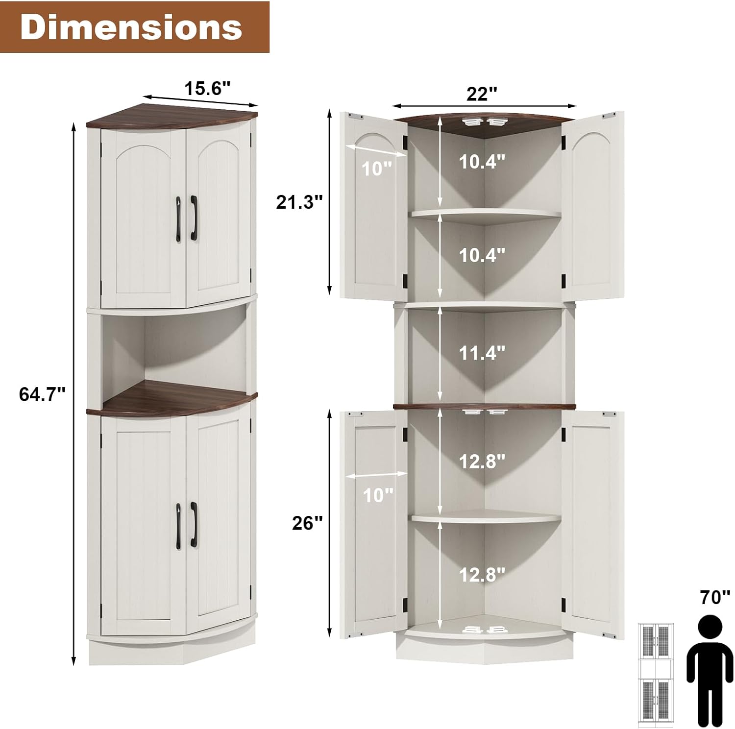 HOKYHOKY Tall Corner Cabinet, 64.7' Corner Storage Cabinet with 4 Doors and 5 Storage Shelves, Farmhouse Space Saver with Arched Door Design for Living Room, Kitchen, Bathroom, Office