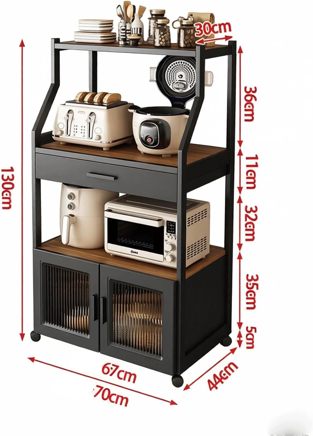 4 Tier Microwave Stand with Storage Matte Black Storage Rack Kitchen Pantry Glass Cabinet Doors Bakers Rack for cafes Living Room Office-A