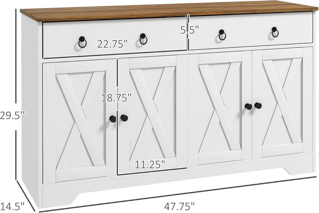 HOMCOM 48' Sideboard Buffet with Storage, Kitchen Storage Cabinet with 2 Drawers and 4 Barn Doors, Farmhouse Coffee Bar Cabinet with Adjustable Shelves, White