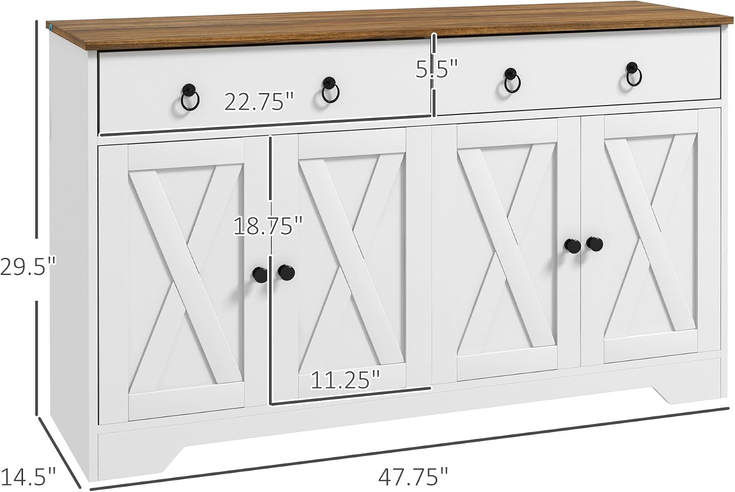 HOMCOM 48' Sideboard Buffet with Storage, Kitchen Storage Cabinet with 2 Drawers and 4 Barn Doors, Farmhouse Coffee Bar Cabinet with Adjustable Shelves, White