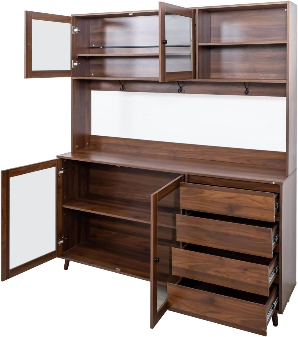 Ball & Cast 63' Large Kitchen Hutch Cabinet with Multi-Layer Shelves and 4 Doors & Drawers,Freestanding Pantry Storage Cupboard with Microwave Shelf,for Kitchen,Apartment,Livingroom,Walnut