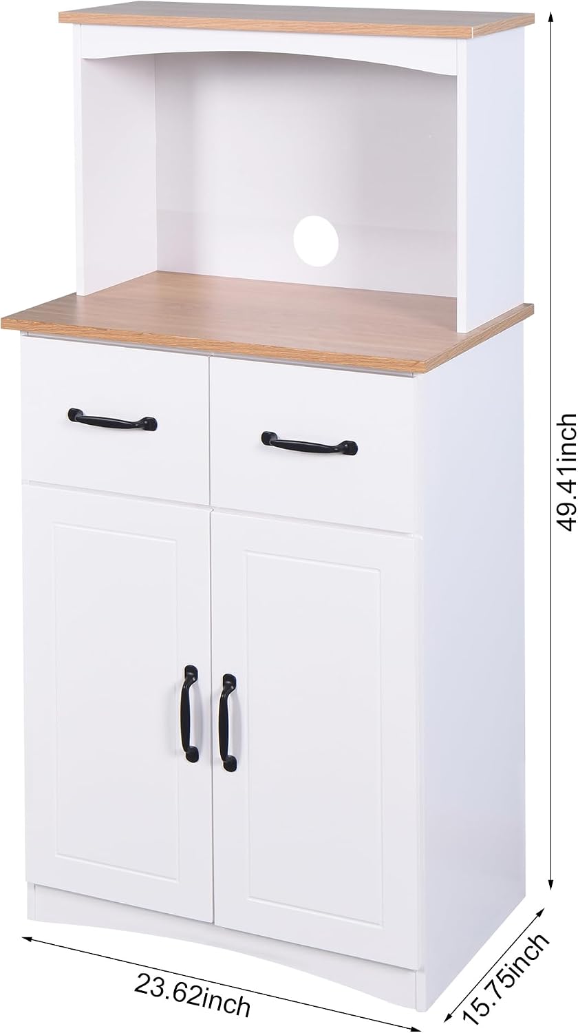 GDFStudio Wooden Kitchen Pantry Cabinet with Microwave Stand & Storage Drawer, Modern MDF Storage Cabinet with Adjustable Shelf, 2 Doors, Rectangle Home Organization Cupboard, White