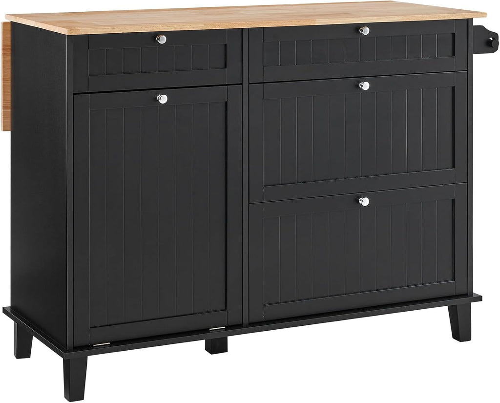 53' Rubber Wood Cupboard, Storage Cabinet with Multi-Functional Hooks, Food Pantry Cabinet with Built-in Trash Cabinet for Kitchen Use, Black