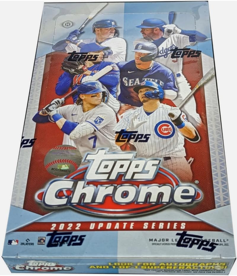 2022 Topps Update Series Chrome Baseball Factory Sealed Hobby Box. 24 Packs of 4 Cards. Chase rare parallels and autographed rookie cards of baseballs future stars.