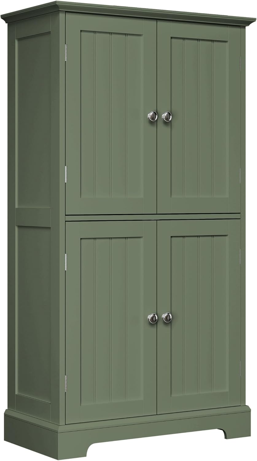 ChooChoo Bathroom Floor Cabinet, Modern Bathroom Storage Cabinet with 4 Doors and Adjustable Shelves, Freestanding Cupboard for Living Room, Green