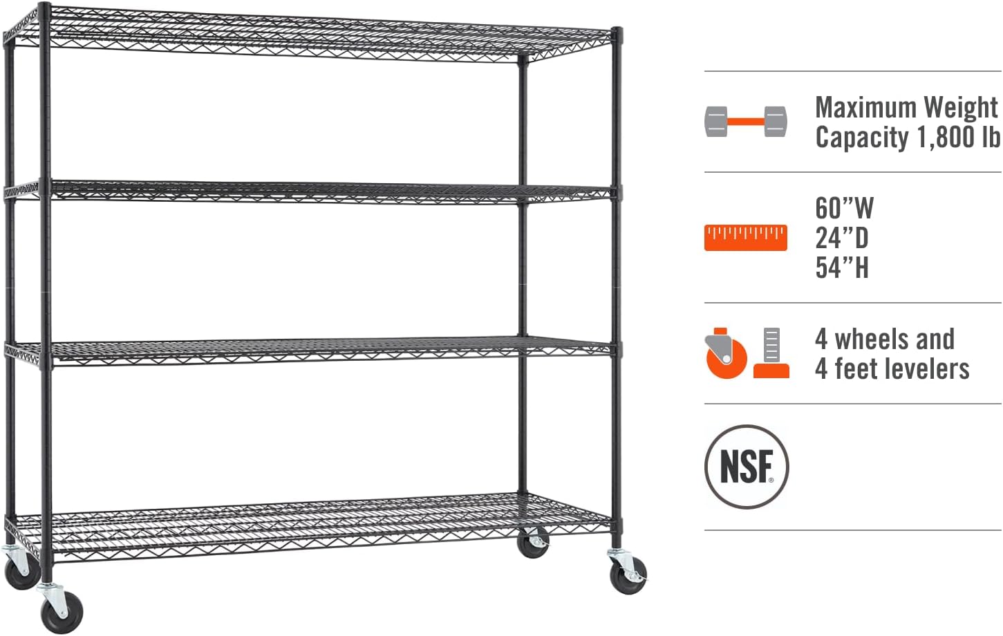 Trinity Basics 4-Tier Adjustable Wire Shelving with Wheels for Kitchen Organization, Garage Storage, Laundry Room, NSF Certified, 600 to 1800 Pound Capacity, 60' by 24' by 54', Black