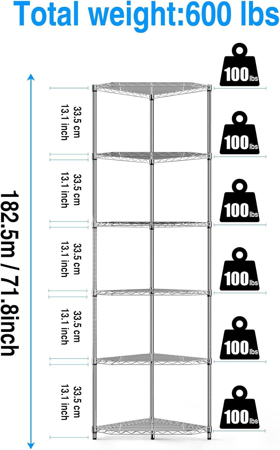 6 Tier NSF Storage Rack, 600lbs Capacity Metal Pentagonal Corner Wire Shelving Units with Adjustable Feet for Balcony, Kitchen, Bathroom, 72' H x 20' L x 20' W Chrome