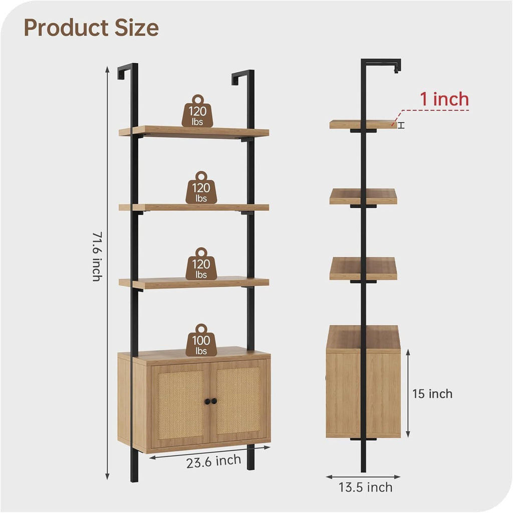 Airynee Ladder Bookshelf, 4 Tier Book Shelf with Rattan Cabinet, Wall Mount Bookshelves and Bookcases with Metal Frame, Anti Dump, Tall Bookcase for Living Room, Home Office, Bedroom Oak 2pcs