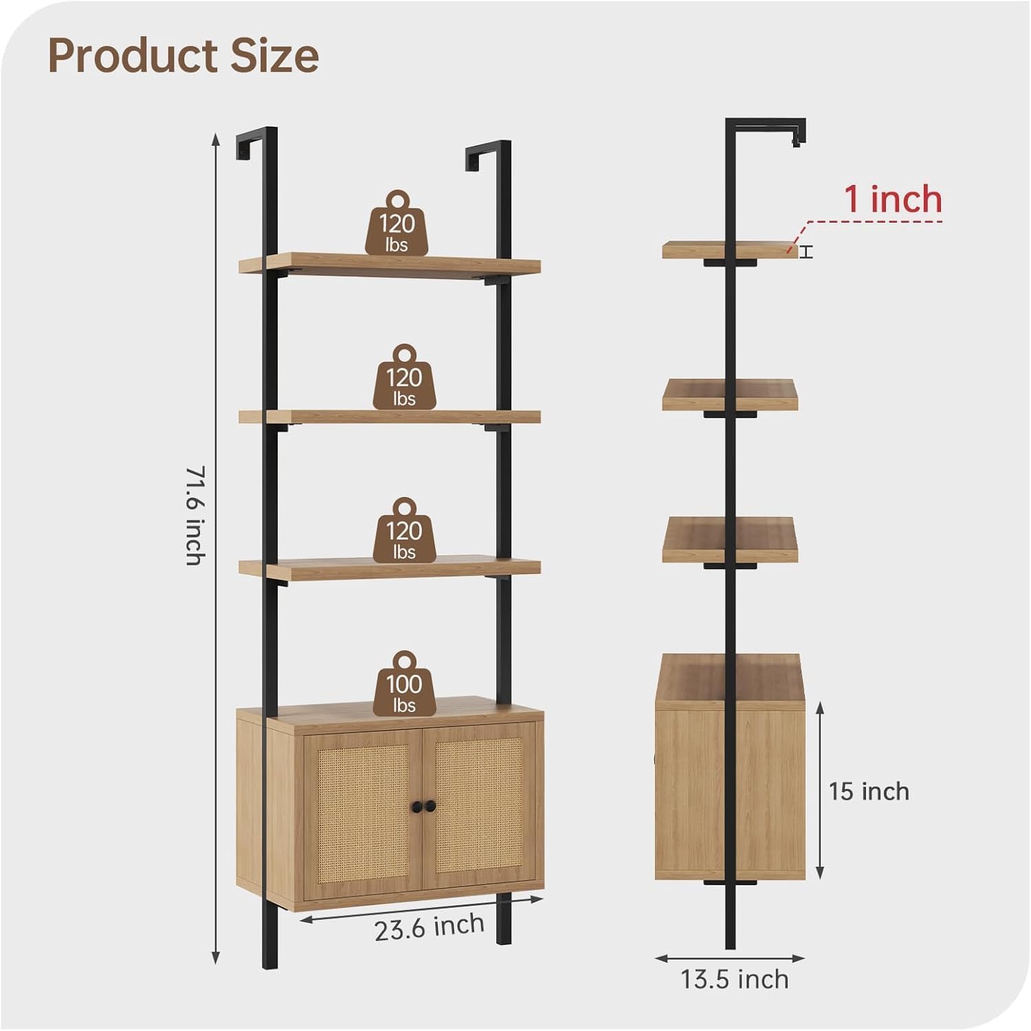 Airynee Ladder Bookshelf, 4 Tier Book Shelf with Rattan Cabinet, Wall Mount Bookshelves and Bookcases with Metal Frame, Anti Dump, Tall Bookcase for Living Room, Home Office, Bedroom Oak 2pcs