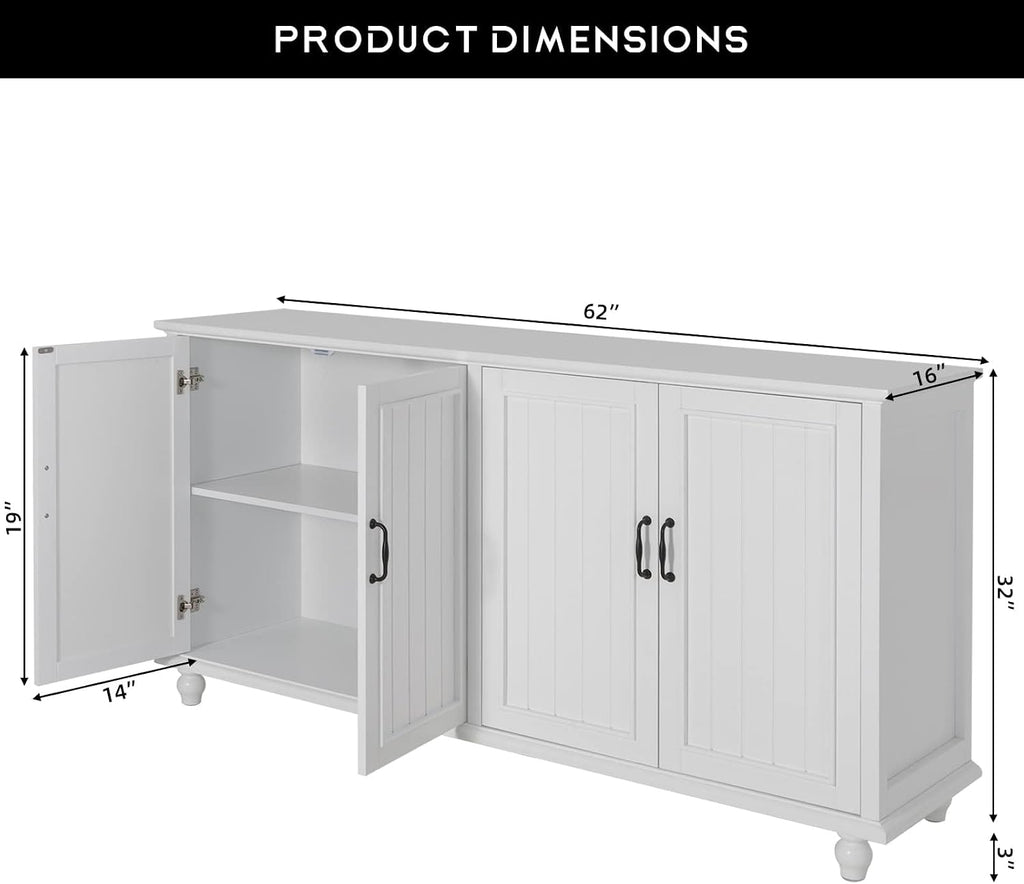 Scurrty 62'' Coffee Bar Cabinet Kitchen with Storage, Buffet Cabinet with Storage, Sideboard Buffet for Dinning Room, Kitchen & Living Room (4 Doors, White)