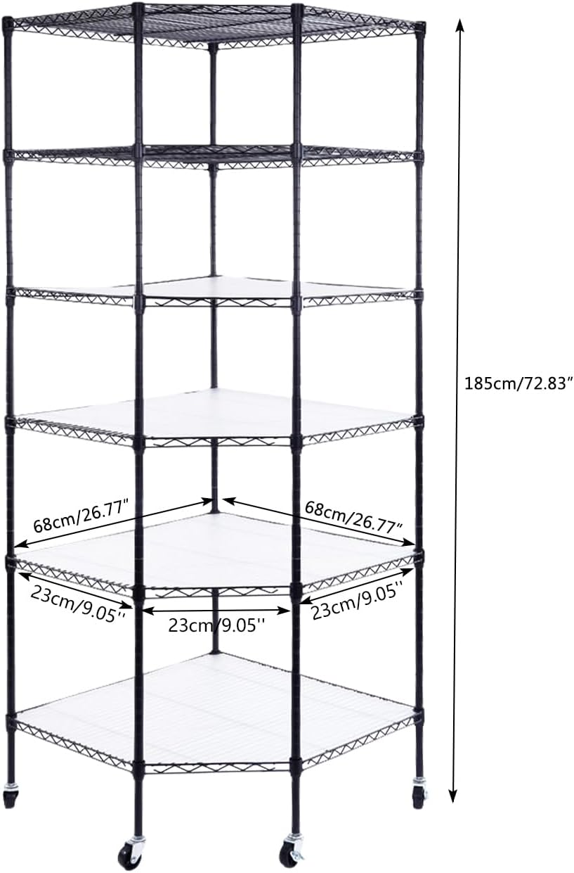 Bonnlo 6-Tier Rolling Heavy Duty Commercial Polygonal Corner Shelf Wire Shelving Unit Adjustable Storage Rack Free Standing Garage with 5 Wheels 26 4/5' L x 26 4/5' W x 71' H Inches (Black)