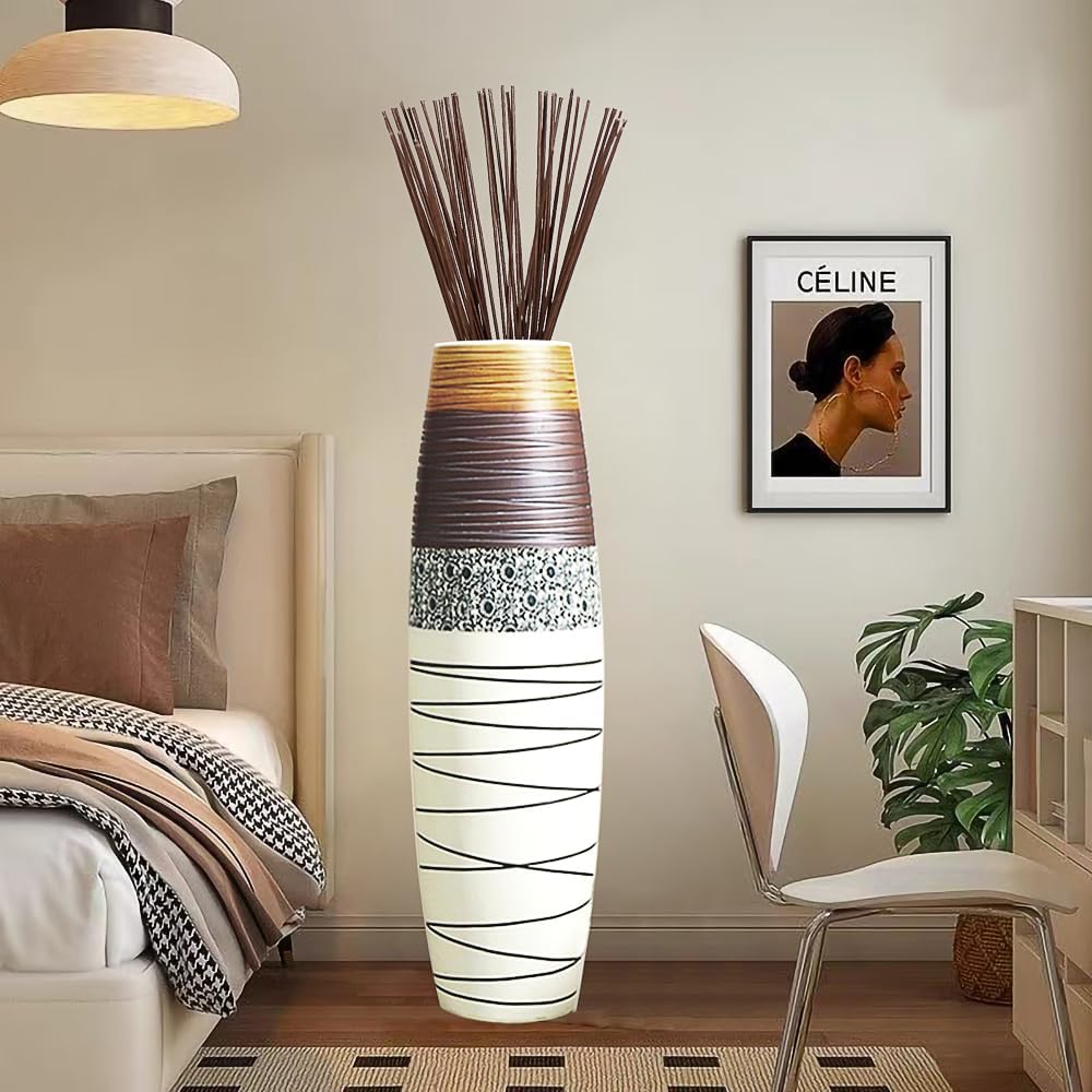 Tall Floor Vase 32 inches, Handmade Large Ceramic Rustic Vases for Home Decor Living Room, Boho Textured Decorative Vases Wide Mouth Opening Corner Vase for Pampas Grass
