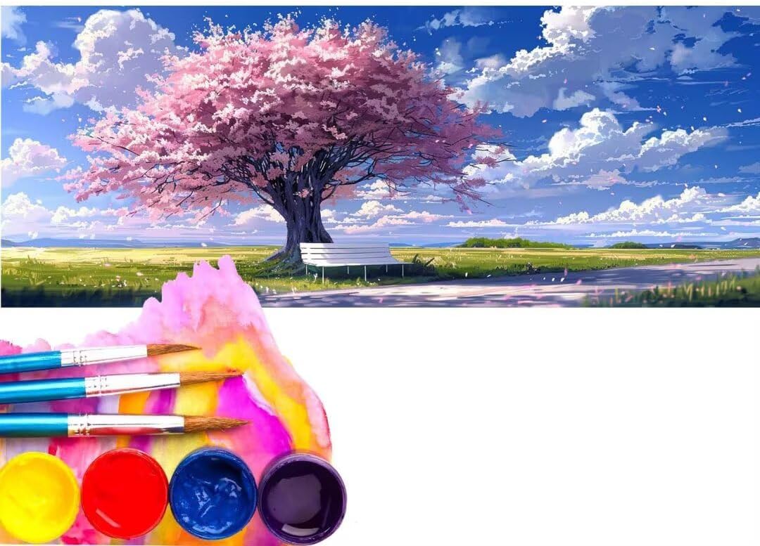 Paint by Numbers Kits for Adult Beginners, Paint by Numbers Pink Tree, DIY Paint by Numbers with Paints and Brushes Kits, DIY Canvas Oil Painting Paint by Numbers Home Decor (Without Frame) 100x200cm