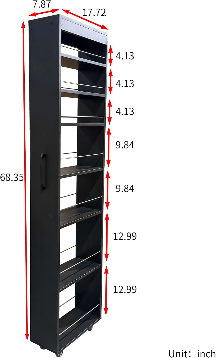 71' Mobile Rolling Design Freestanding Storage Cabinet, Kitchen Storage Bakers Rack with 7-Tier Open Shelves, Utility Food Cupboard with Narrow Space Fit for Kitchen Living Room, Black