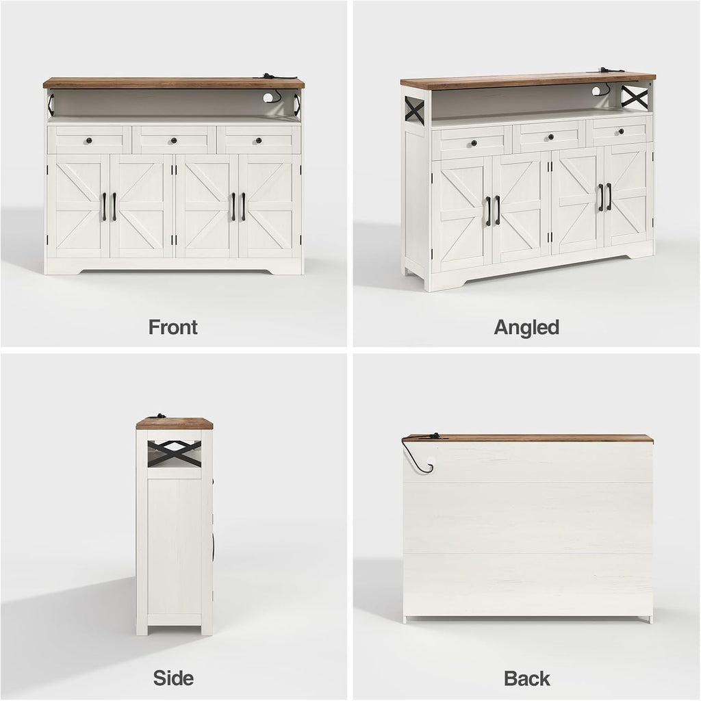 Befrases Farmhouse Sideboard Buffet Cabinet, Barn Doors Storage Cabinet with Drawers and Open Shelf, 47.2'' Wood Coffee Bar Microwave Station for Kitchen, Living Room, Hallway, White