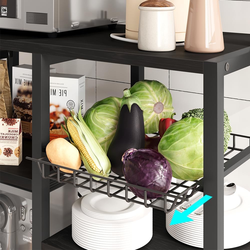 IDEALHOUSE Bakers Rack with Power Outlet, 6-Tier Coffee Bar Station with Wire Drawer, Industrial Microwave Stand, Kitchen Standing Bakers Racks with Large Storage, Hutch, Retro Black