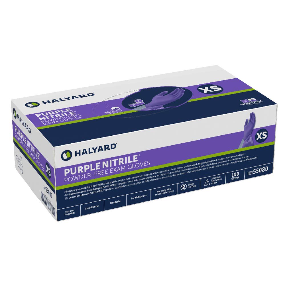 Halyard Health 55080 NITRILE Exam Glove, Powder-Free, Non-Sterile, 9.5' Length, X-Small, Purple (2 Boxes of 500, 1000 Total)