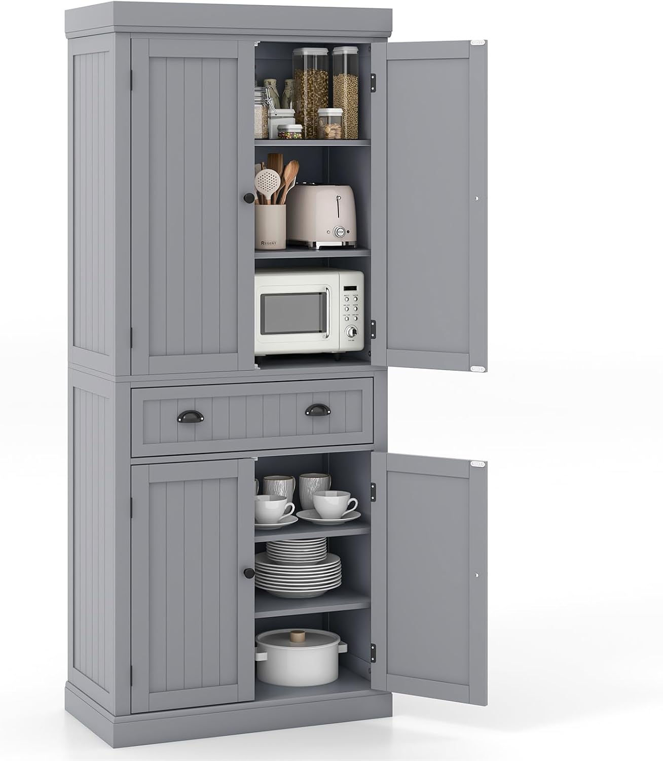 Tangkula 72' H Kitchen Pantry Cupboard Cabinet, Traditional Freestanding Large Tall Storage Cabinet with 2 Cabinets and Drawer, Adjustable Shelves, for Living Room Kitchen, 30 x 16 x 72 Inch