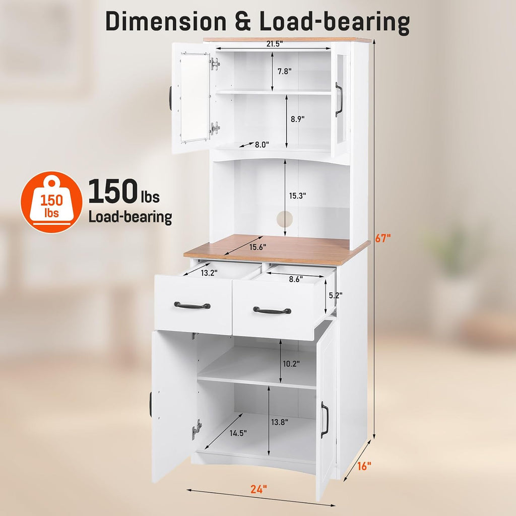 67' Kitchen Pantry Cabinet with Glass Doors & Drawers, Adjustable Shelves, Anti-Tip, Space-Saving Microwave Stand for Small Kitchens