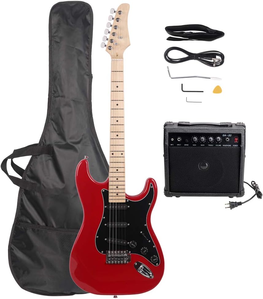 ST Style Electric Guitar with 20W Amplifier, Red with Black Pickguard - Full Size Right Handed Beginner Guitar Bundle with Gig Bag, Strap, Picks - Basswood Body & Maple Neck for Professional Sound