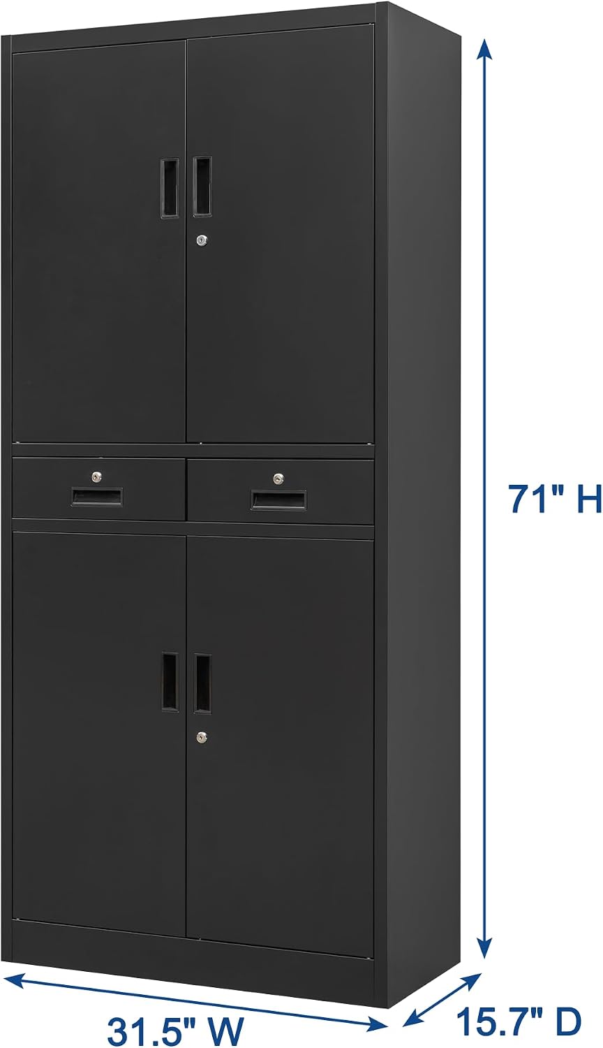 Wanfu Metal Storage Cabinet, 71' Locking Storage Cabinet with Adjustable Shelves and 2 Drawers, Steel Cabinets for Office, Garage, Home, School, Utility Room(Black)