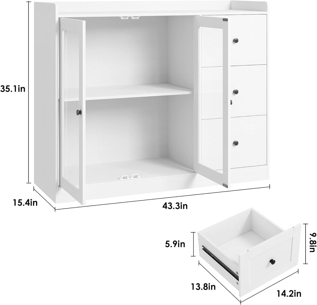 GarveeHome 35 in Kitchen Hutch Storage Cabinet, Coffee Bar Cabinet with 3 Drawers, Freestanding Food Pantry with Countertop for Living Dining Room (White, Low Cabinet)