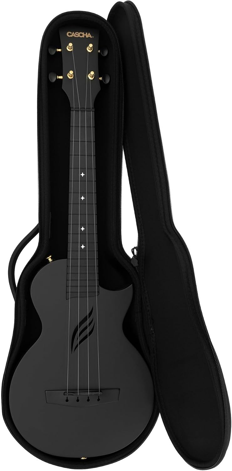 CASCHA Concert Ukulele Set Carbon Fibre I Carbon Ukulele Starter Kit with 3 Plectrums Bag I Ukulele Set Fluorcarbon Strings I Small Hawaii Guitar for Beginners Advanced I Black