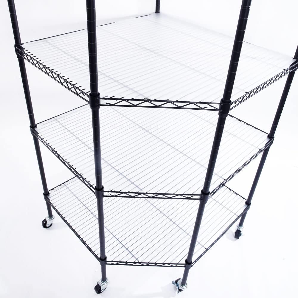 6-Layer Wire Corner Storage Shelves on Wheels, Metal Wire Shelving Unit for Home, Kitchen, Shop, Pantry, Restaurant Durable Steel Rack with Plastic Coating for Your Accessories, Tools Black