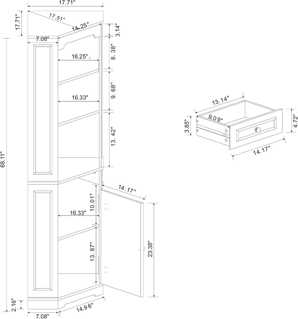RASOO 68.11' Farmhouse Corner Cabinet, Tall Five-Sided Pentagonal for Kitchen，3-Tiers Open Shelf and one Drawer and Door Corner Storage Hutch Cabinet for Living Room, Bathroom and Dining Room