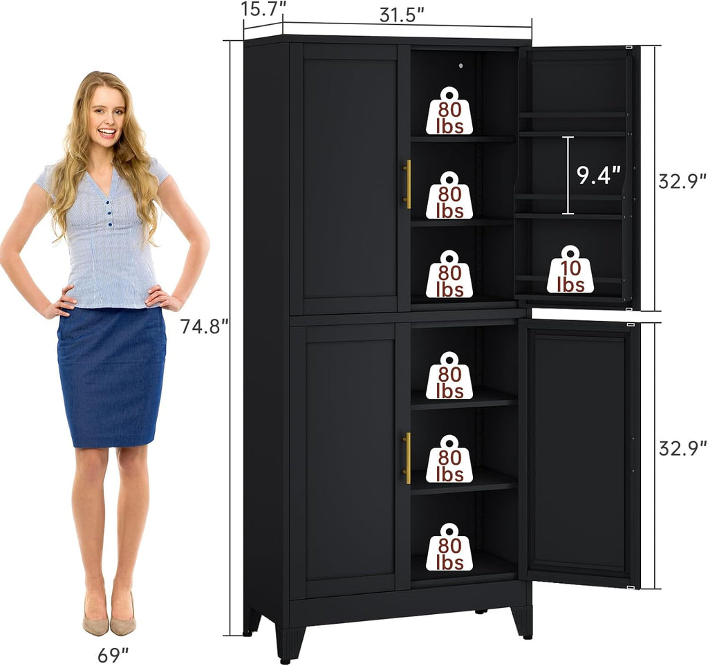 PAOFIN 75' H Metal Storage Cabinet, Pantry with 6 Door Shelves and 4 Adjustable Shelves, Leveling Foot for Kitchen, Living Room and Dinning Room, Black