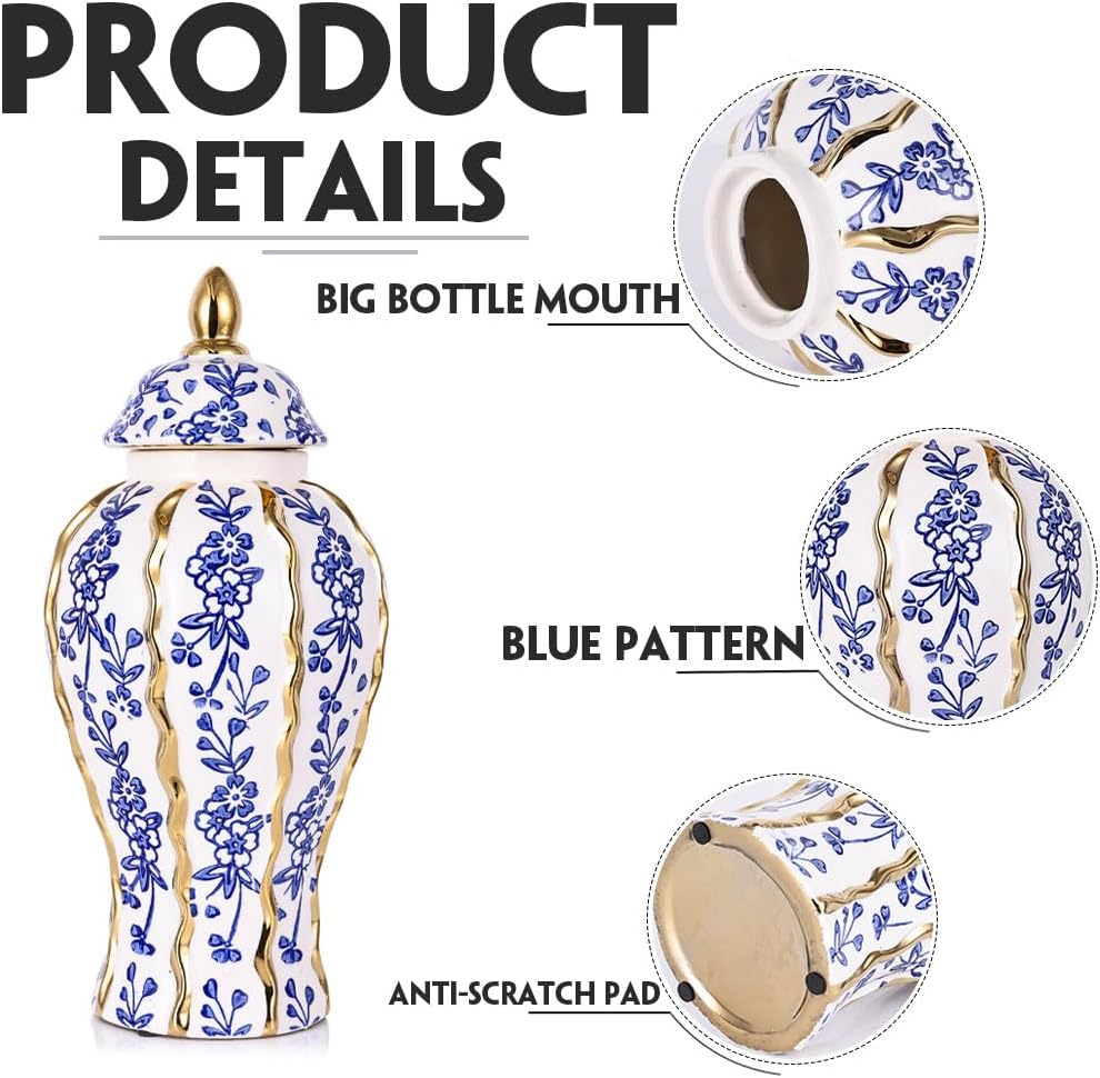 18.1in White and Gold Blue Luxury Ceramic Ginger Jar with Lid - Modern Geometry Decorative Vase for Home Decor, Living Room, Kitchen, Dining Table, Cabinet Decor, Storage
