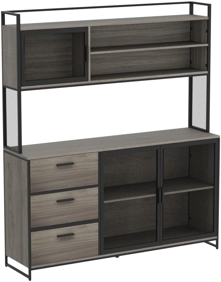 ECACAD Modern Wood Sideboard Buffet Storage Cabinet with Hutch, 3 Metal Mesh Doors, 3 Drawers & 5 Compartments, Kitchen Pantry Cupboard Console Table for Living Room, Dining Room, Walnut