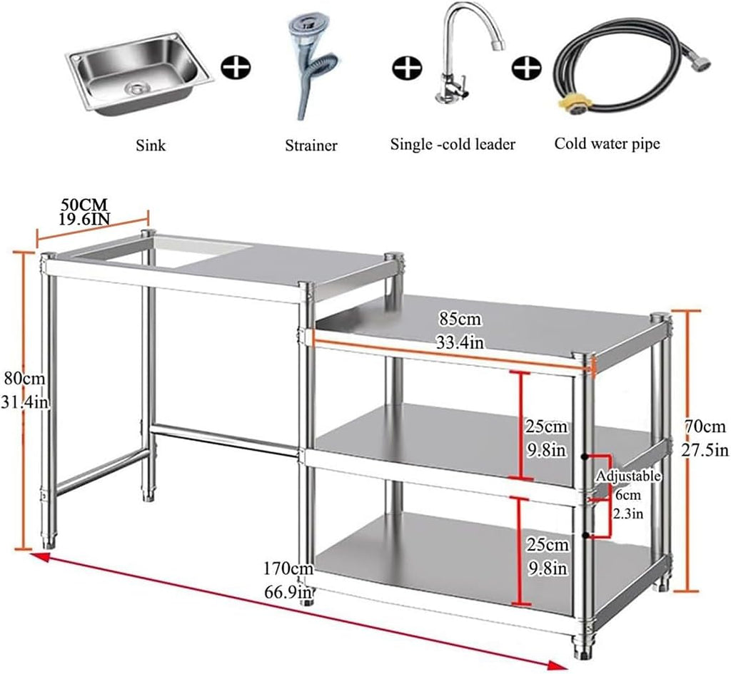 Stainless Steel Kitchen Prep Table with Sink, 3-Tier Multi-functional Washing Hand Basin Station, Utility Free-standing Work Table & Storage Shelves for Backyard BBQ, Garage, Garden