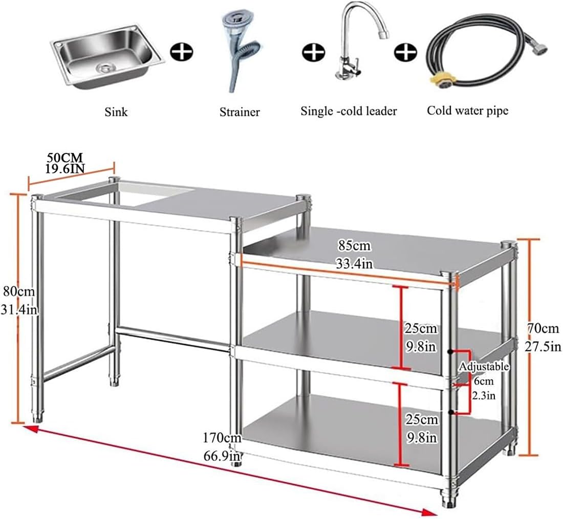 Stainless Steel Kitchen Prep Table with Sink, 3-Tier Multi-functional Washing Hand Basin Station, Utility Free-standing Work Table & Storage Shelves for Backyard BBQ, Garage, Garden