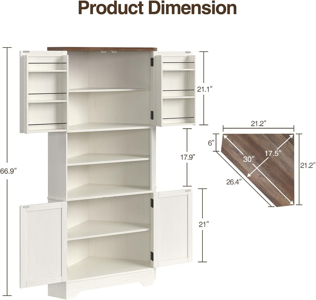 Befrases Corner Cabinet, 67''H Kitchen Pantry Storage Cabinet, 6-Tier Corner Food Pantry Hutch with 4 Barn Doors and Shelves, Tall Farmhouse Furniture for Kitchen Dining Living Room, White