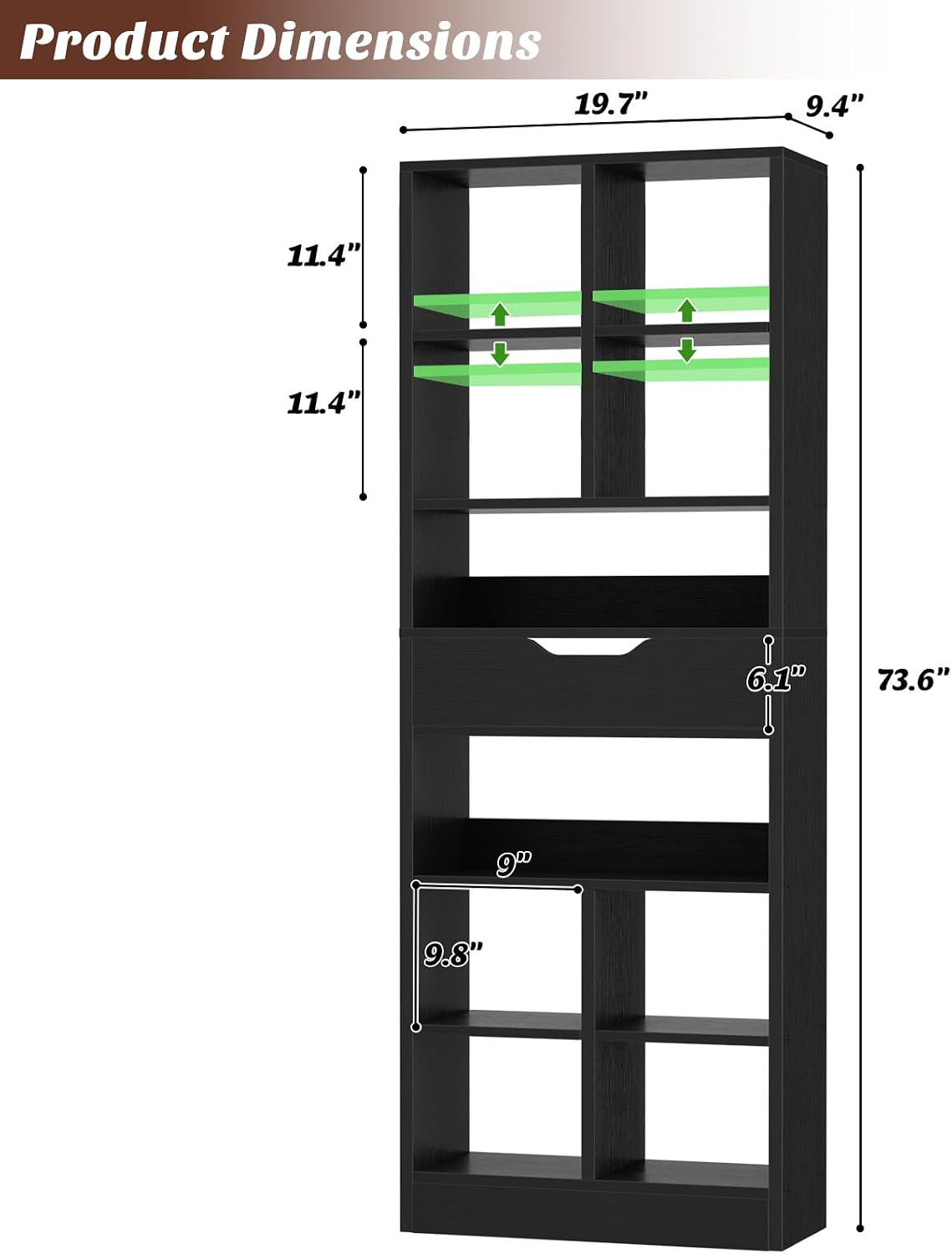 Armocity 8-Tier Tall Bookshelf with Drawer, 73.6' Narrow Freestanding Bookcase, Space-Saving Wood Display Shelves Storage for Living Room, Home Office Bedroom, Black