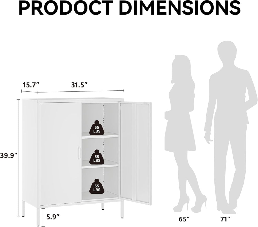 COFaR White Metal Storage Cabinet, 40' Kitchen Buffet & Coffee Bar Cabinet with Adjustable Shelves, 3-Tier Steel Organizer with Magnetic Doors, Sideboard for Dining Room, Home Office