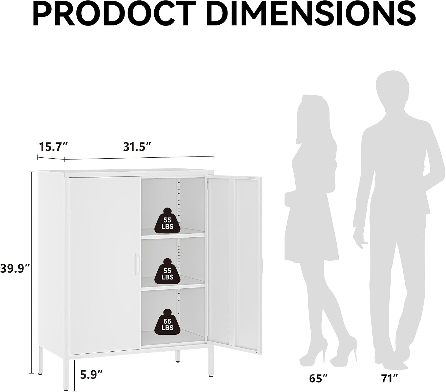 COFaR White Metal Storage Cabinet, 40' Kitchen Buffet & Coffee Bar Cabinet with Adjustable Shelves, 3-Tier Steel Organizer with Magnetic Doors, Sideboard for Dining Room, Home Office