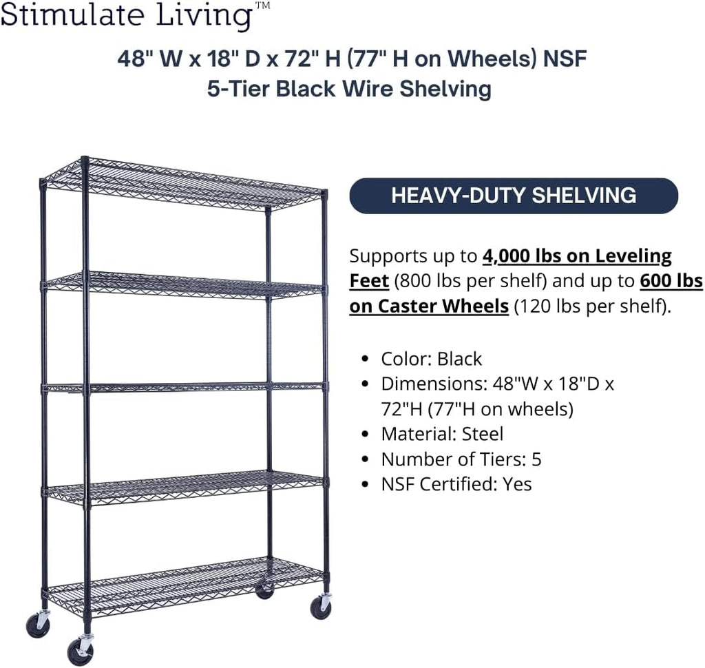 48'x18'x72' PRIME HEAVY DUTY Black 5-Tier Wire Shelving NSF 4000 LBS MAX Capacity Storage Rack for Commercial, School, Home, Garage, Warehouse, Industrial, and Hospital Uses (with Wheels)