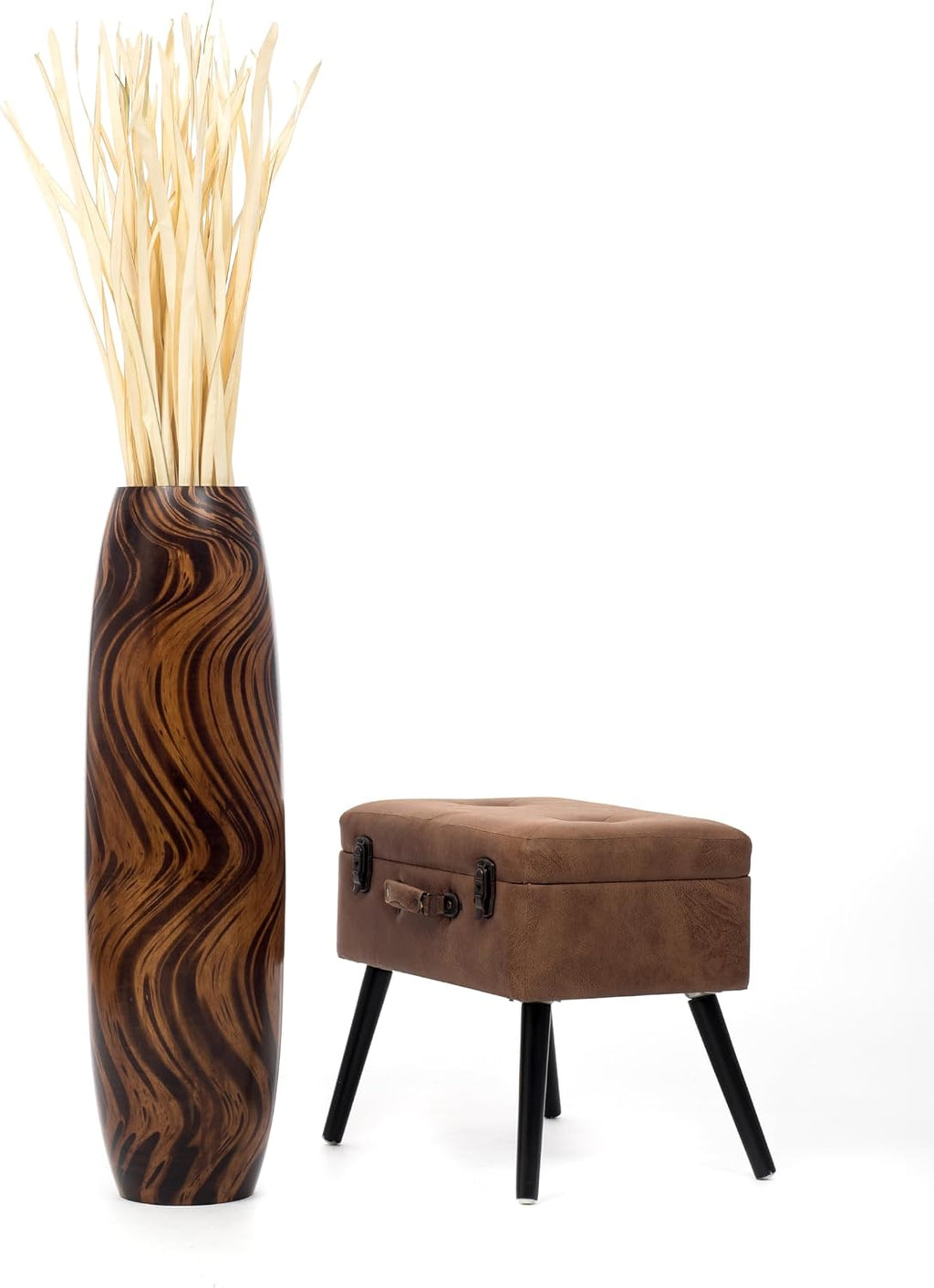 Leewadee Large Brown Home Decor Floor Vase - Wooden 34 inch Tall Farmhouse Decor Flower Holder for Fake Plant and Pampas Grass