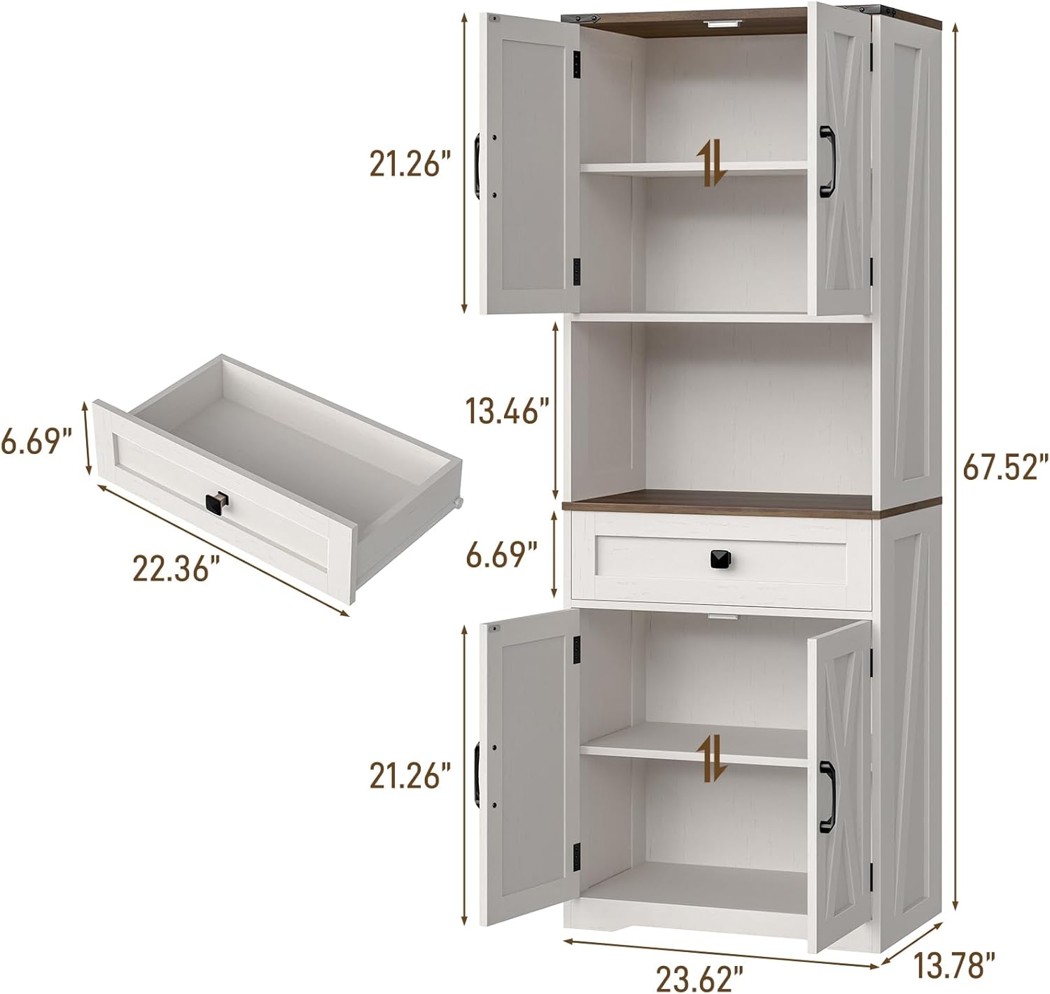 Halitaa Tall Kitchen Pantry Storage Cabinet, Farmhouse Storage with Organizer, Large Capacity Bathroom Cabinet with Drawer,Freestanding Cupboard for Kitchen, Dining Room, White