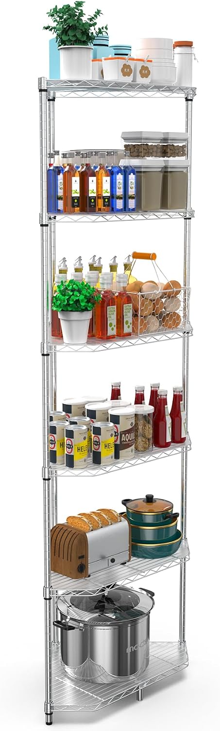 6 Tier NSF Corner Wire Shelf Shelving Unit, 20 x 20 x 72 Inch 600lbs Capacity Heavy Duty Adjustable Metal Storage Rack with Leveling Feet & Shelf Liners for Office Kitchen Bathroom and More - Chrome