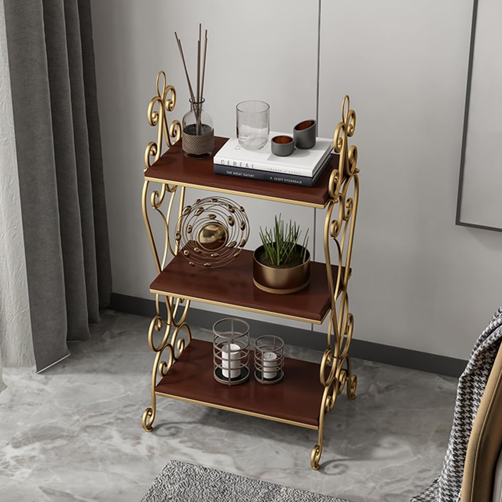 3-Tier Plant Shelf for Indoor,Rustic Wood Bookcase Shelf with Metal Frame,Rustic Storage Rack with Open Shelves for Living Room Bedroom and Balcony (Gold Frame+ Brown Shelf)