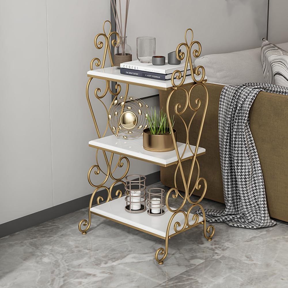 3-Tier Plant Shelf for Indoor,Rustic Wood Bookcase Shelf with Metal Frame,Rustic Storage Rack with Open Shelves for Living Room Bedroom and Balcony (Gold Frame+ White Shelf)