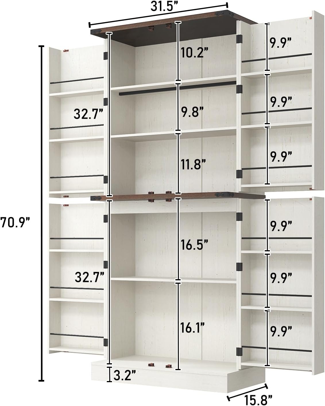 71' Tall Kitchen Pantry Cabinet, Farmhouse Tall Kitchen Storage Cabinet with Adjustable Shelves & 4 Barn Style Doors, Wooden Storage Cabinet for Kitchen, Dining Room, Living Room, Bathroom, Office