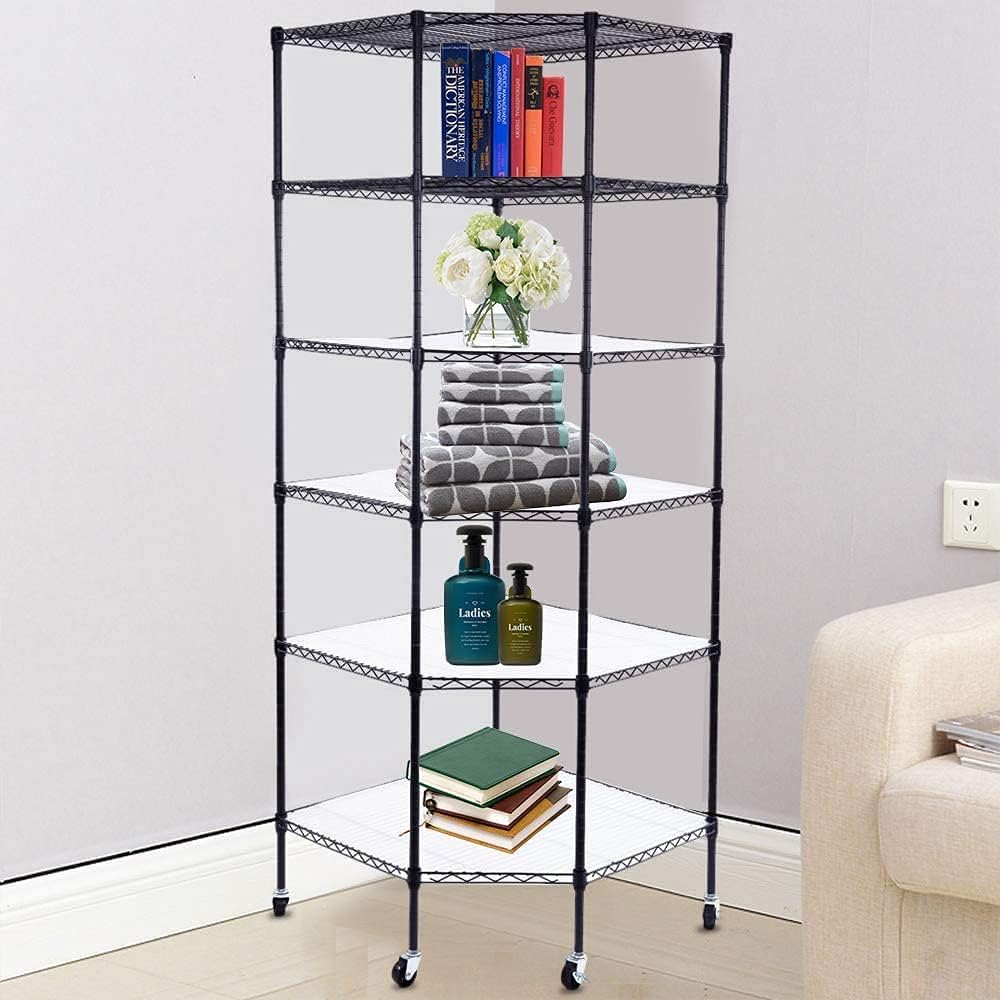 BNSPLY 6 Tier Corner Wire Shelving Unit, Adjustable Wire Shelf with Wheels, Metal Storage Shelves and Racks for Kitchen, Bathroom, Laundry, Pantry, Closet (27' D x 27' W x 71' H, Black)