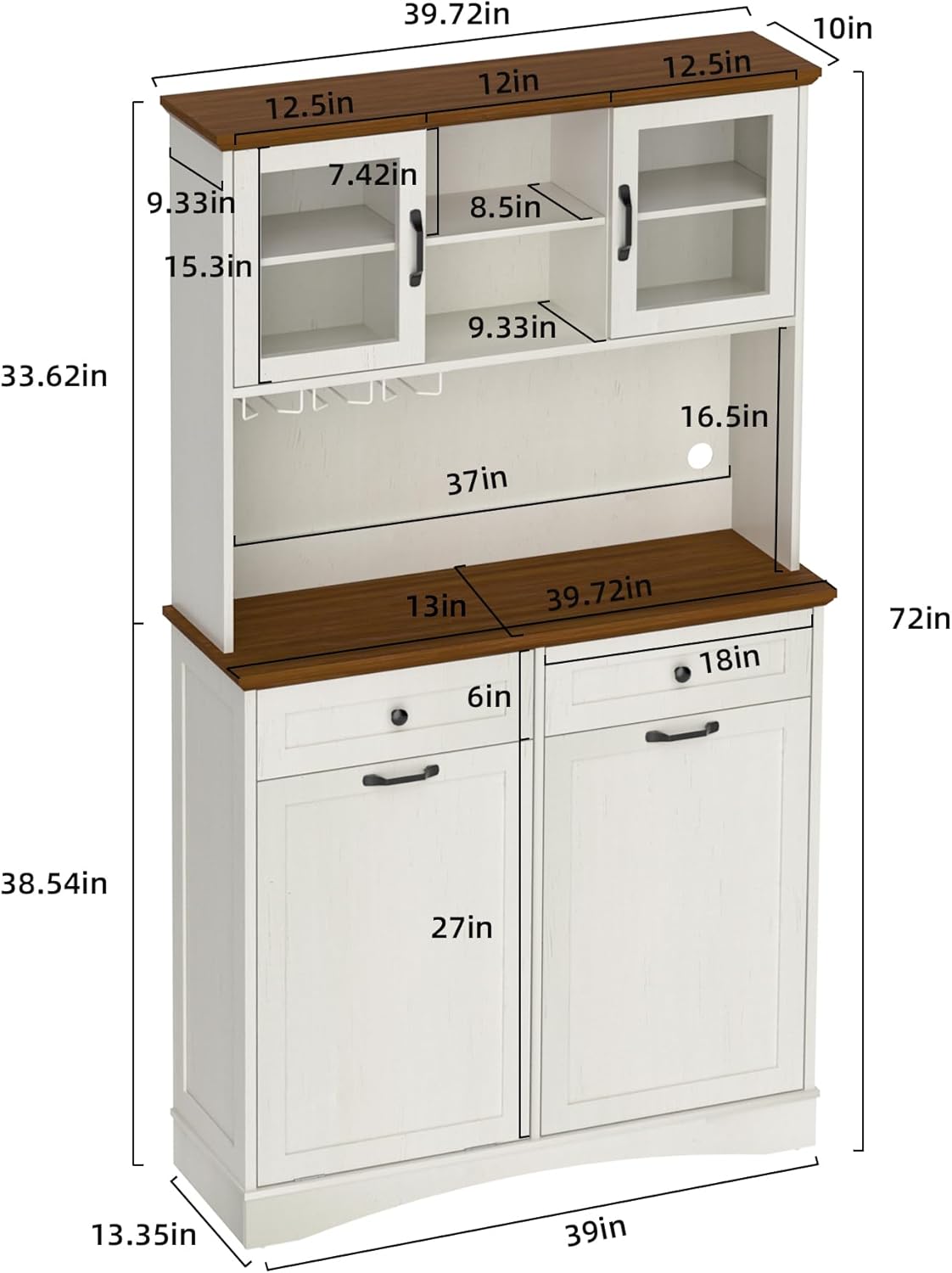 Tilt Out Trash Cabinet, Kitchen Pantry Storage Cabinets with Adjustable Shelves and Drawers, Wooden Freestanding Cabinet Trash Cans for Kitchen Living Room Dining Room, White, 13 Gallons