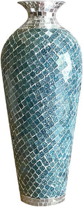Floor Vase, Mosaic Vase, Decorative Metal Mosaic Piece Vase in Geometric Pattern Wavy Shape with Glass- Marbled Teal & Silver