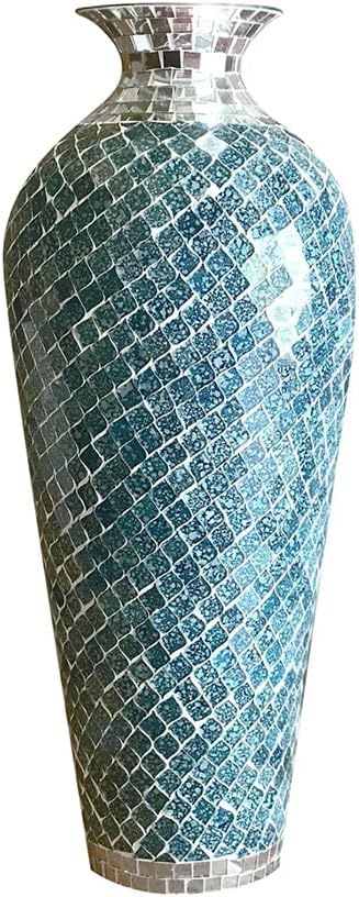 Floor Vase, Mosaic Vase, Decorative Metal Mosaic Piece Vase in Geometric Pattern Wavy Shape with Glass- Marbled Teal & Silver