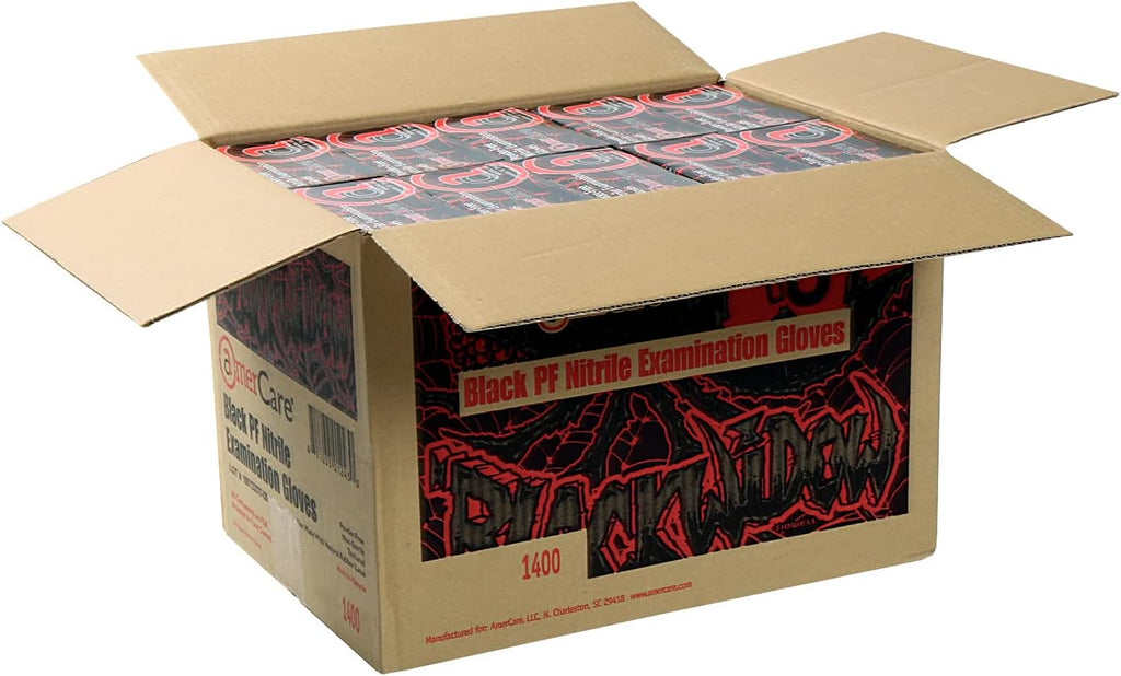AmerCare Black Widow Powder Free Nitrile Gloves, Large, Black, Case of 1000